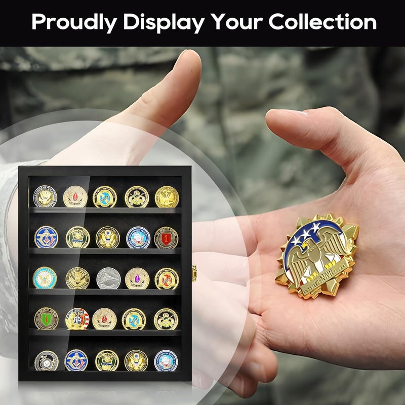 TJMOREE Military Challenge Coin Display Case, Coin Display Holder Wall Mount with Removable Shelves, Shadow Box for Medals Pin Badges Buttons - Image 5